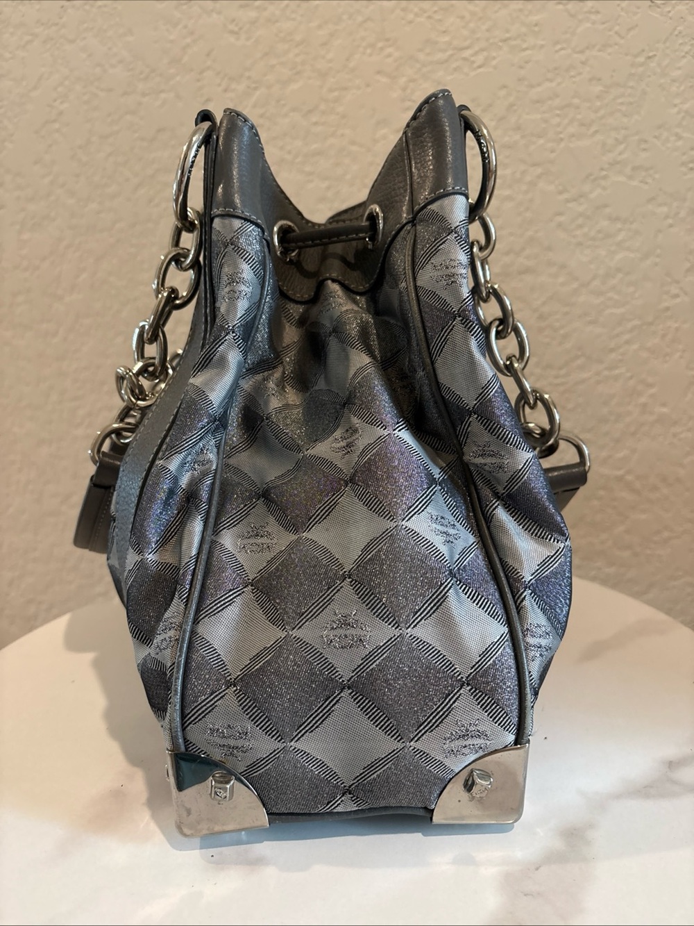 MCM Gray Drawstring Tote Bag with Chain Handle - Picture 5 of 16